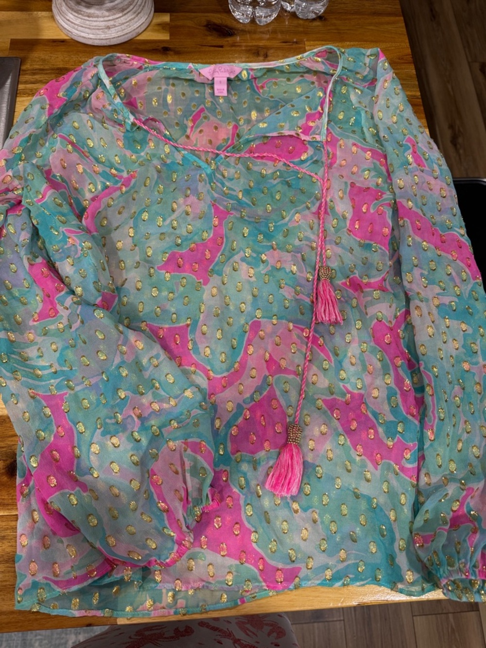 Sheer Pink & Turquoise Gold-Accent Tassel Peasant Blouse lilly Pulitzer